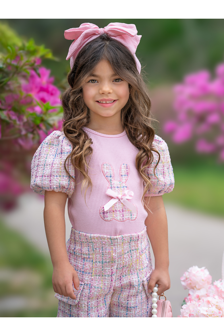 Chic Embroidered Bunny Top and Tweed Girls Short Set, Alternate, color, Pink