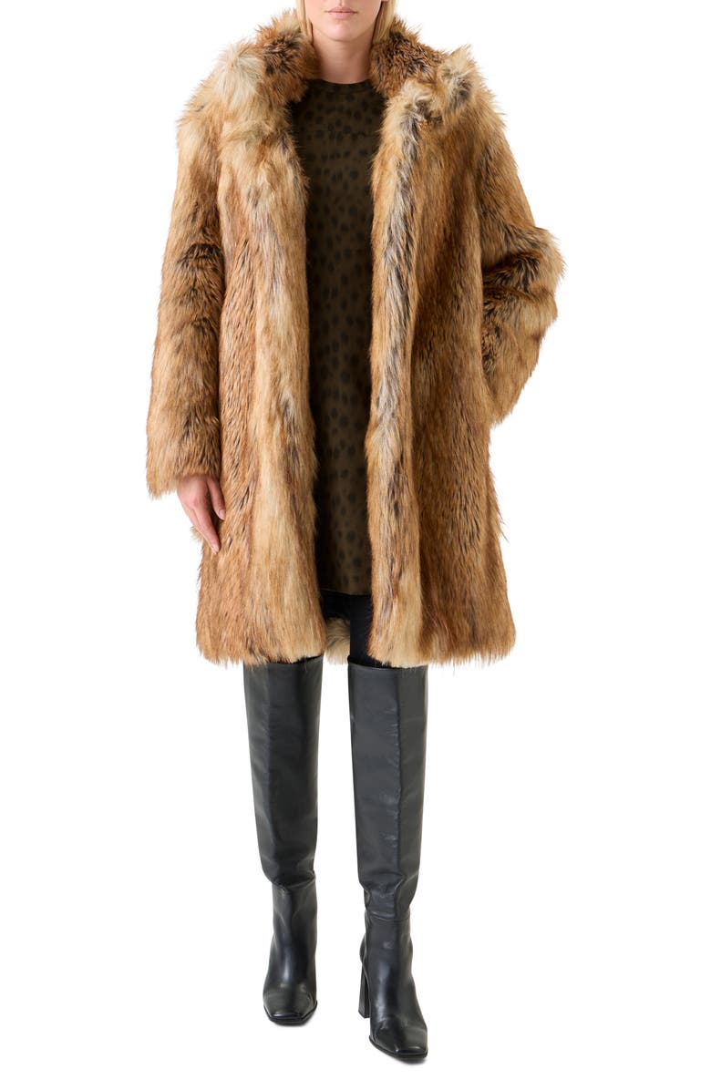 Akris punto Stand Collar Faux Fur Coat, Alternate, color, Camel-Multicolor