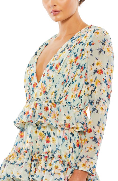 Mac Duggal Floral Printed Tiered Ruffle Long Sleeve Gown In Multi