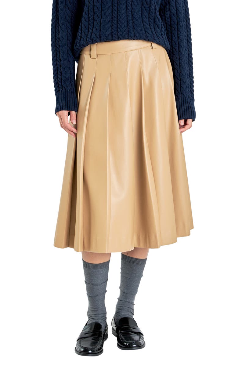 English Factory Pleated Faux Leather Skirt, Main, color, Taupe