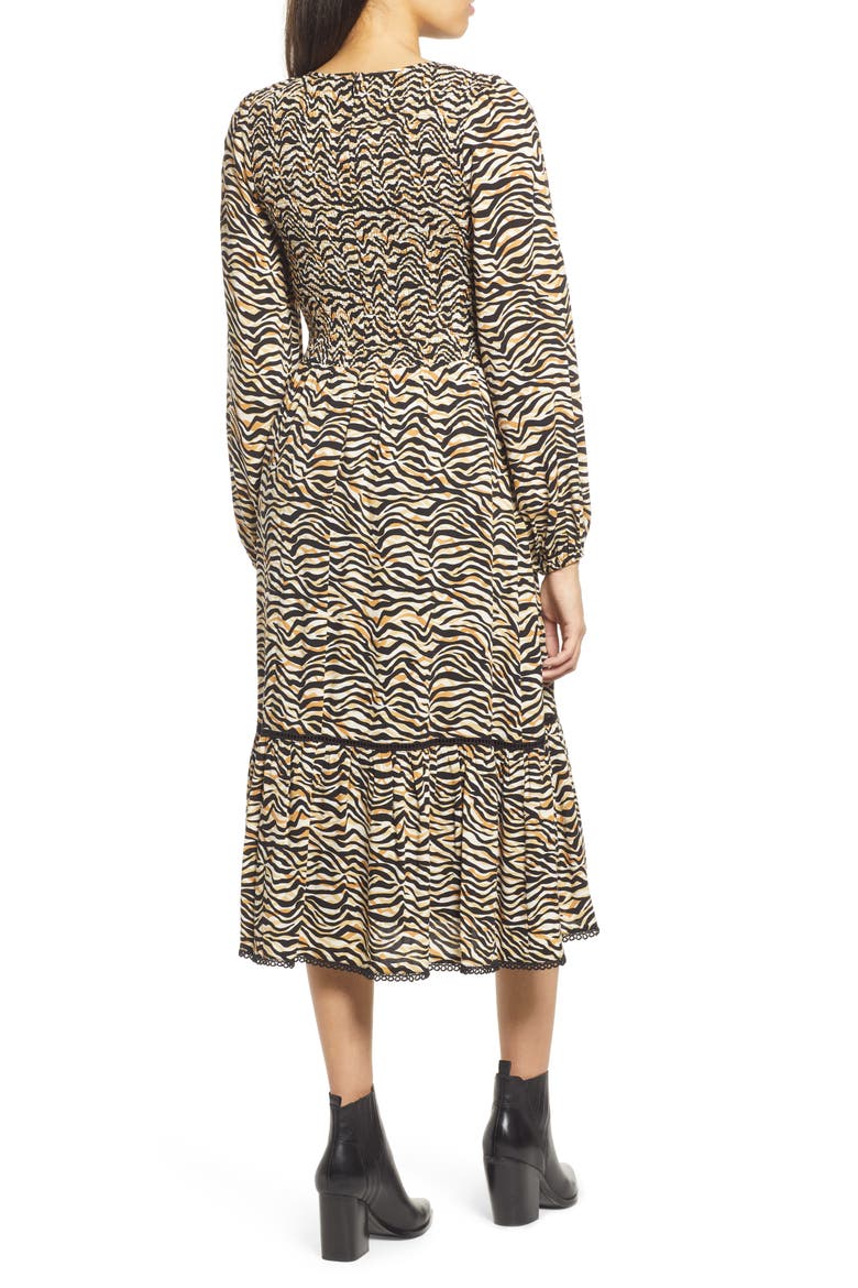 Vineyards in the Valley Zebra Print Shirred Long Sleeve Midi Dress, Alternate, color, BLACK GOLD ZEBRA