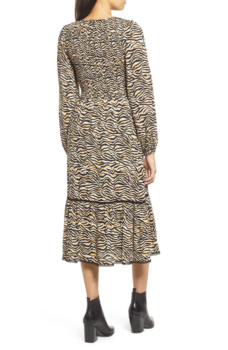 Lost + Wander Vineyards in the Valley Zebra Print Shirred Long Sleeve Midi Dress, Alternate, color, 