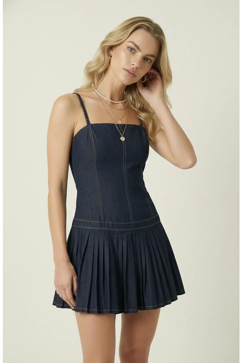 Spaghetti Strap Pleated Denim Mini Dress, Alternate, color, Dark Blue