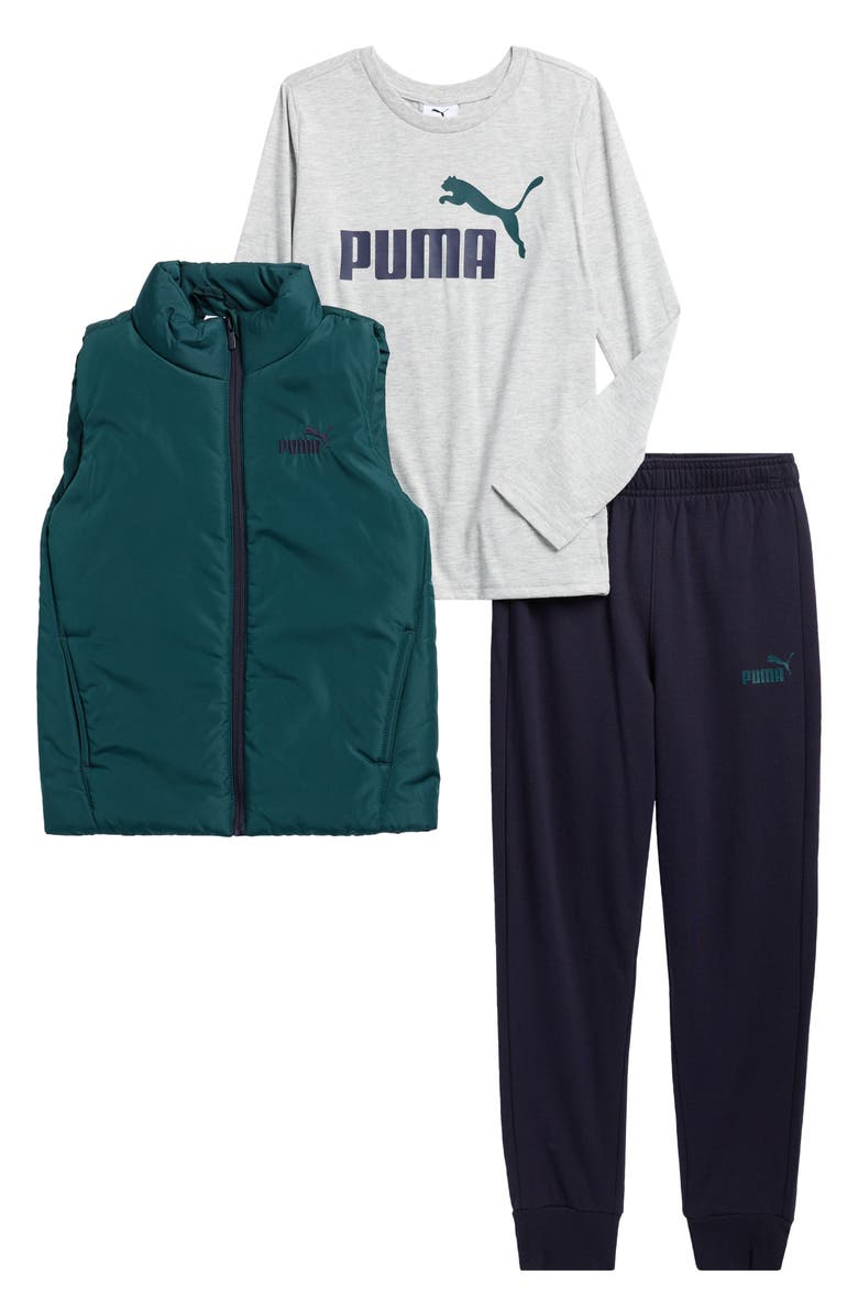 PUMA Kids' Puffer Vest, Logo Long Sleeve T-Shirt & Joggers Set, Main, color, Midnight Turq