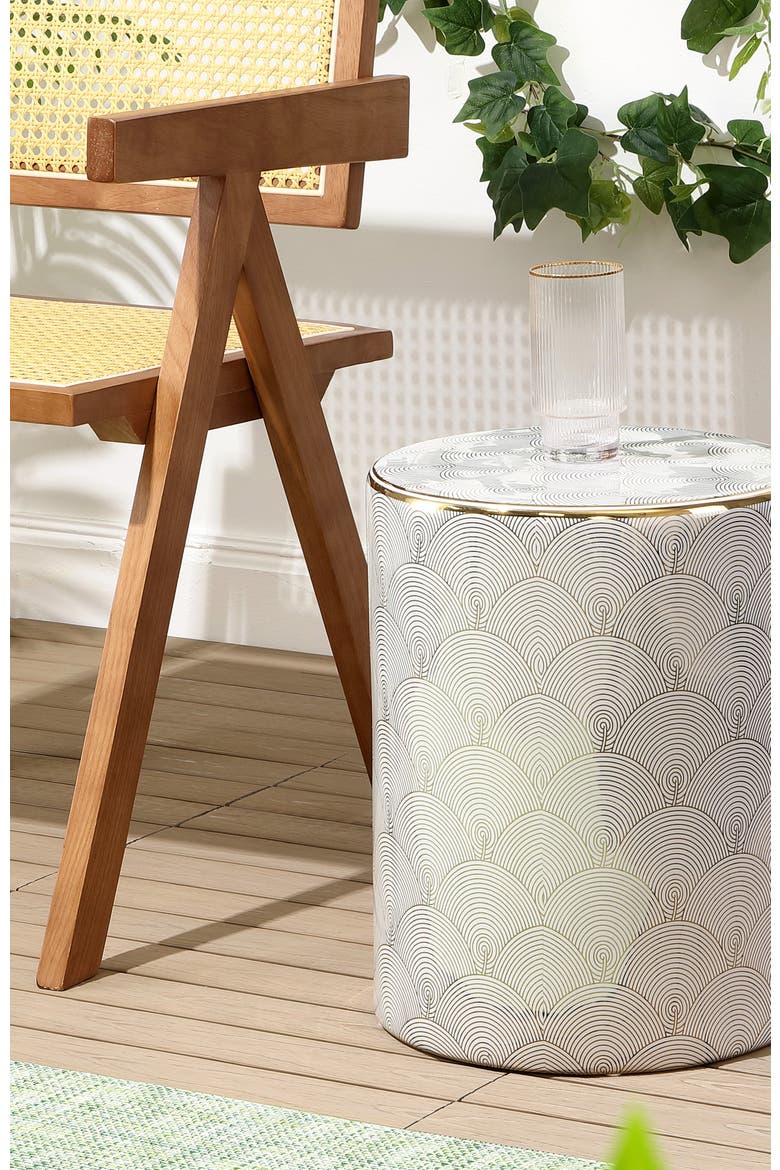 Fish Scale Traditional Floral Chinoiserie Ceramic Drum Garden Stool, Pierced Indoor/Outdoor Patio Seat & Side Table, Alternate, color, White/Gold