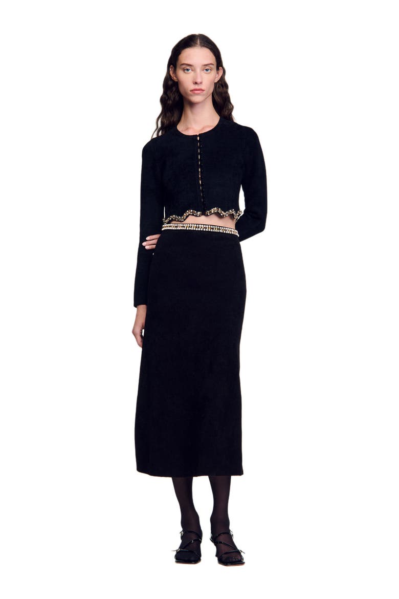 Short rhinestone velvet knit cardie, Alternate, color, Black