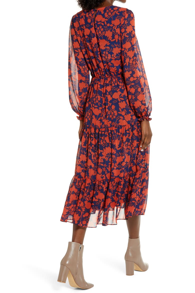 Floral Long Sleeve Chiffon Midi Dress, Alternate, color, NAVY/ ORANGE