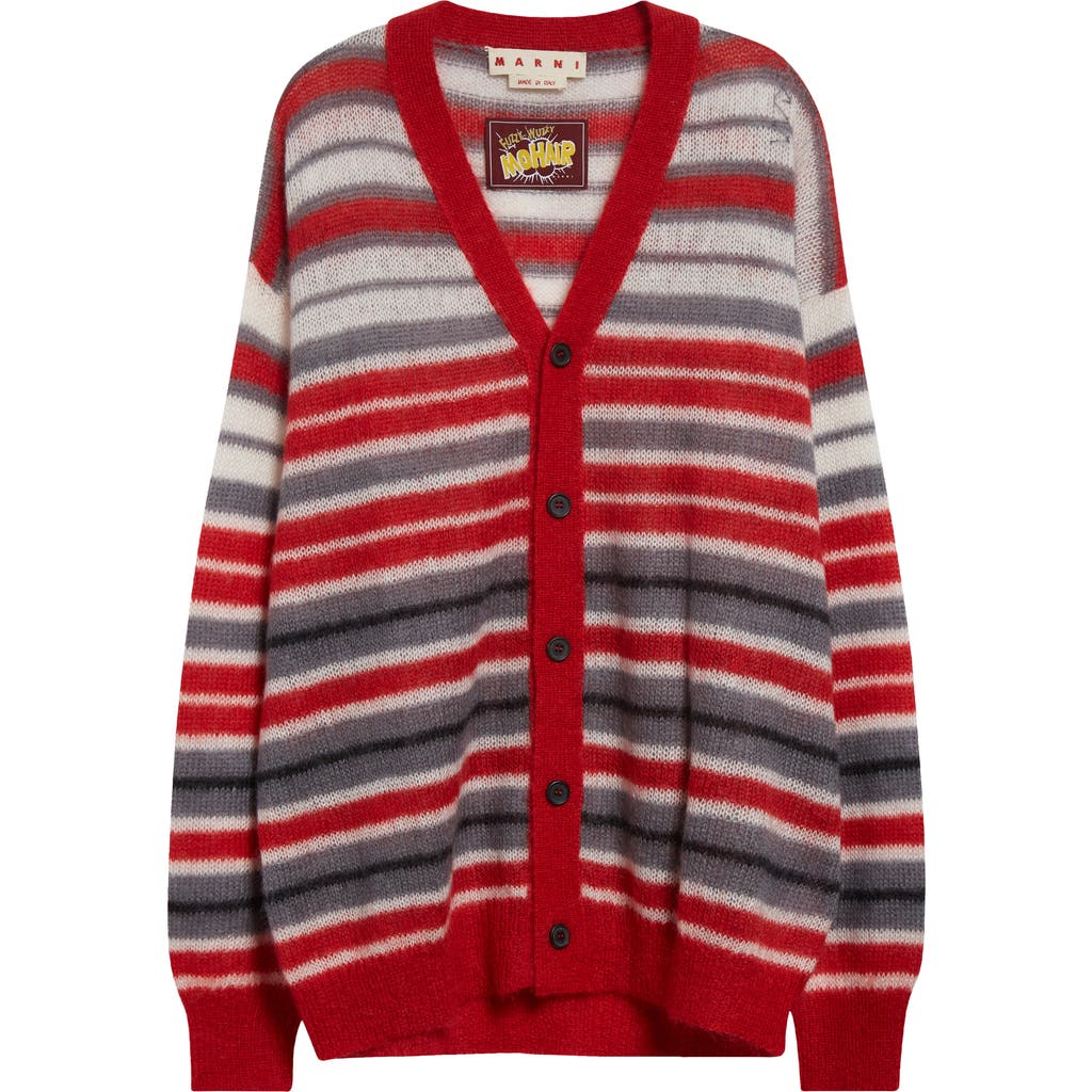 Shop Marni Stripe Mohair Blend Cardigan In Neutral Grey