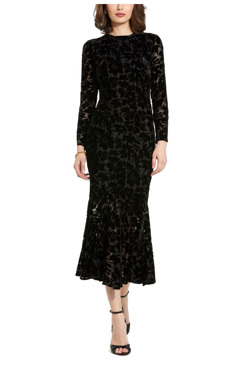 Mac Duggal Burnout Velvet Long Sleeve Ruffle Hem Midi Dress, Main, color, Black