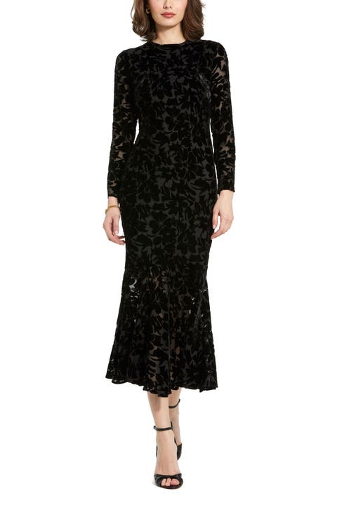 Burnout Velvet Long Sleeve Ruffle Hem Midi Dress