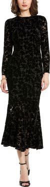 Mac Duggal Burnout Velvet Long Sleeve Ruffle Hem Midi Dress
