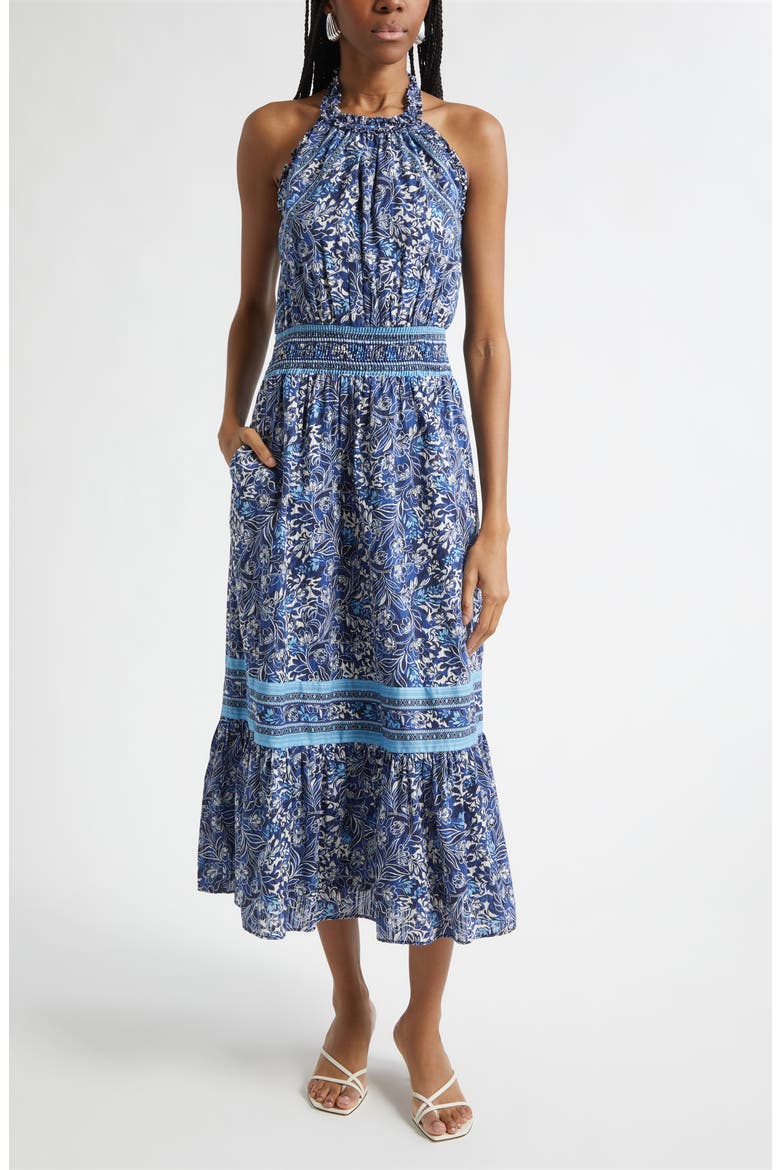 Delia Mixed Print Halter Neck Cotton Dress, Main, color, NAVY FLORAL