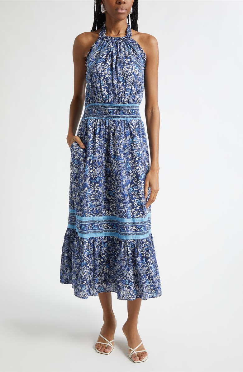 Ramy Brook Delia Mixed Print Halter Neck Cotton Dress, Main, color, Navy Floral