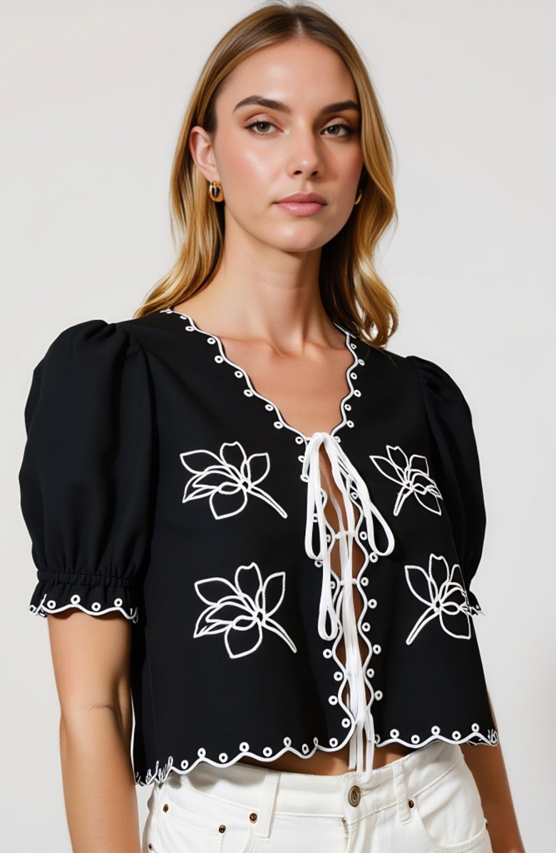 Modenaire Puff Sleeve Tie-Front Blouse with Floral Embroidery and Eyelet Trim, Alternate, color, Black / White