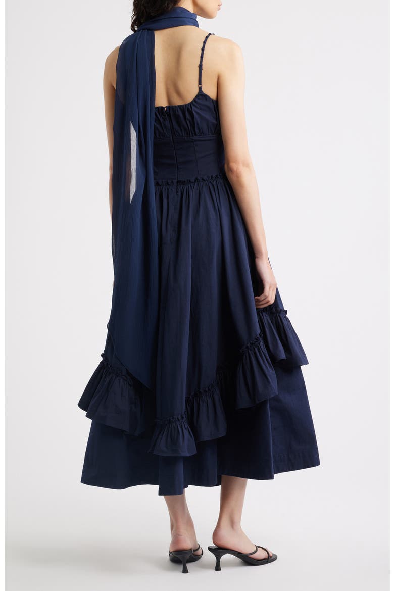 Juno Ruffle Midi Dress & Sheer Scarf, Alternate, color, NAVY