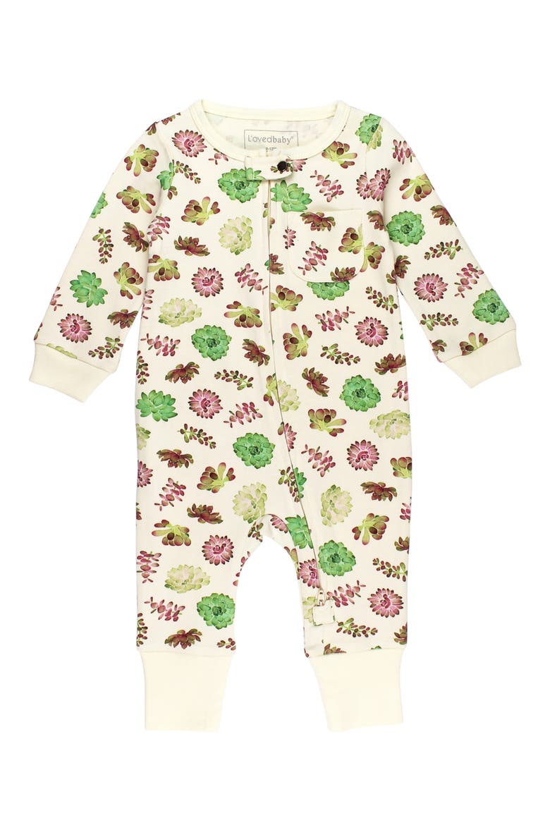 Organic Cotton Zip Romper, Main, color, BUTTERCREAM SUCCULENTS