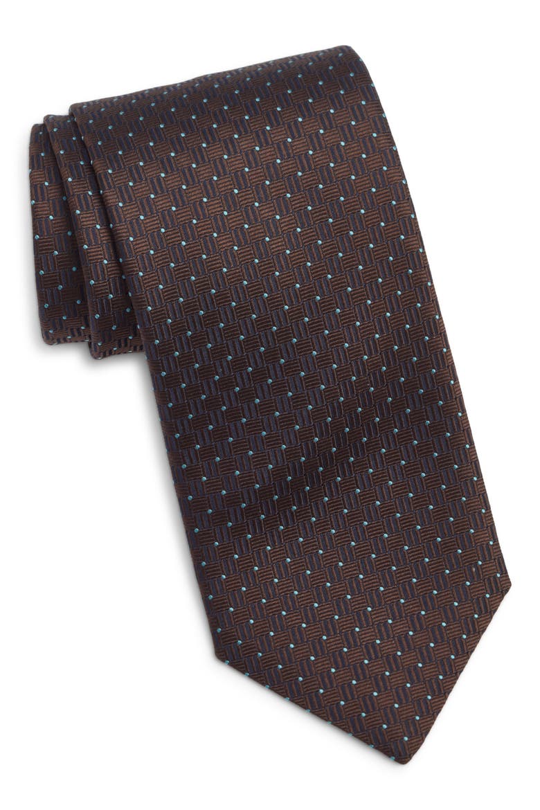 Geometric Silk Tie, Main, color, DARK BROWN