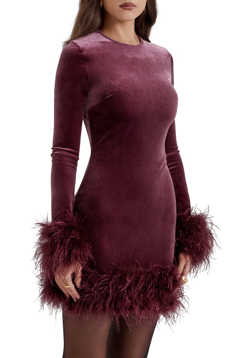 Lavinia Feather Trim Long Sleeve Velvet Body-Con Cocktail Minidress, Alternate, color, MULBERRY