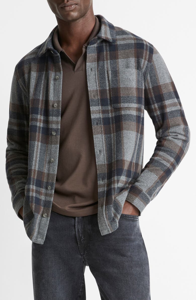 Vince Plaid Knit Shirt Jacket, Main, color, Med H Grey Combo