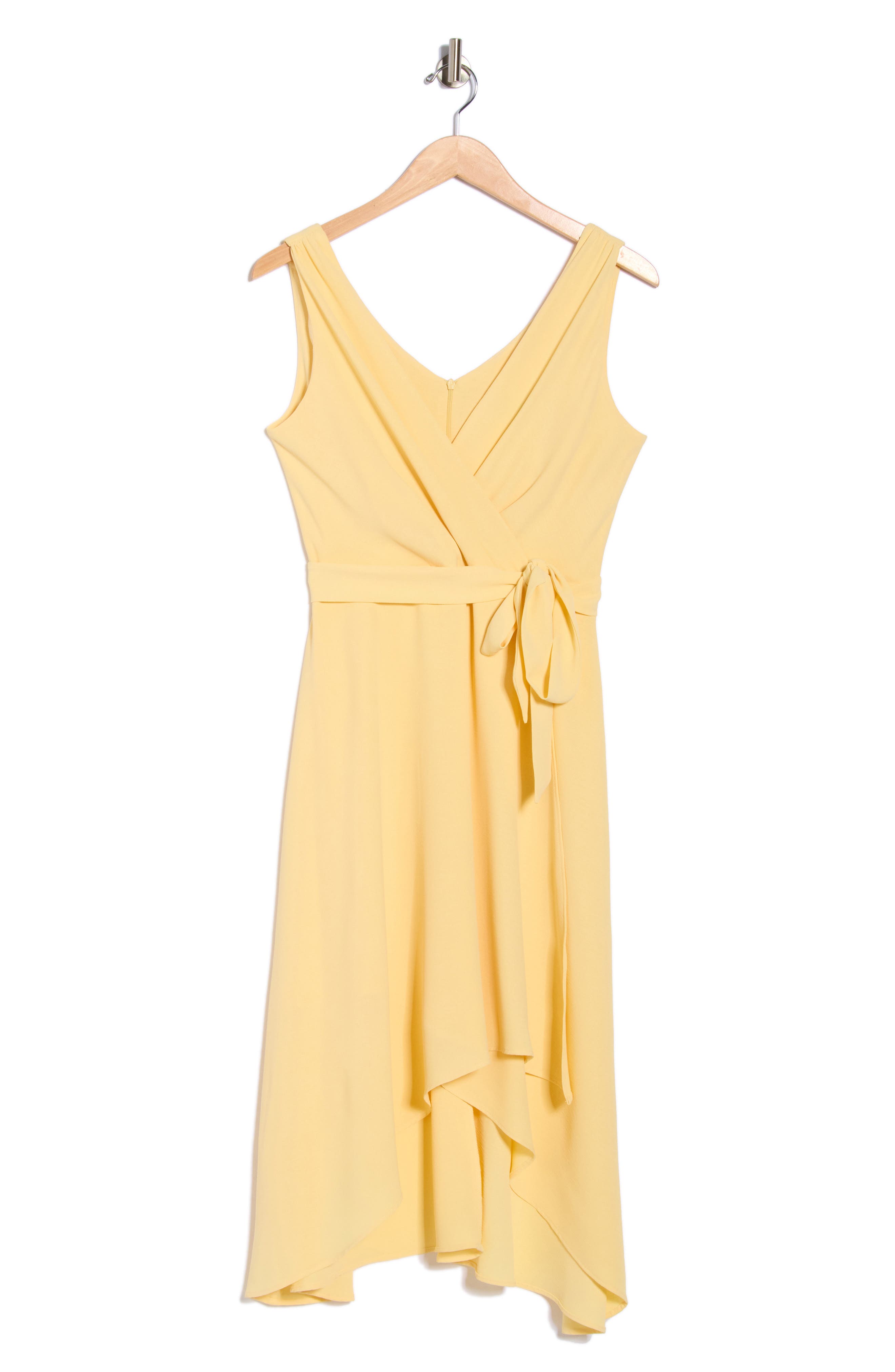 Connected Apparel Tie Belt Faux Wrap High-Low Dress