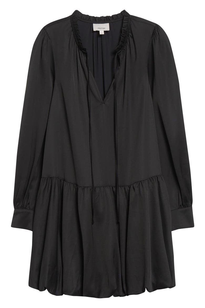 Valetta Bubble Hem Long Sleeve Satin Minidress, Alternate, color, BLACK