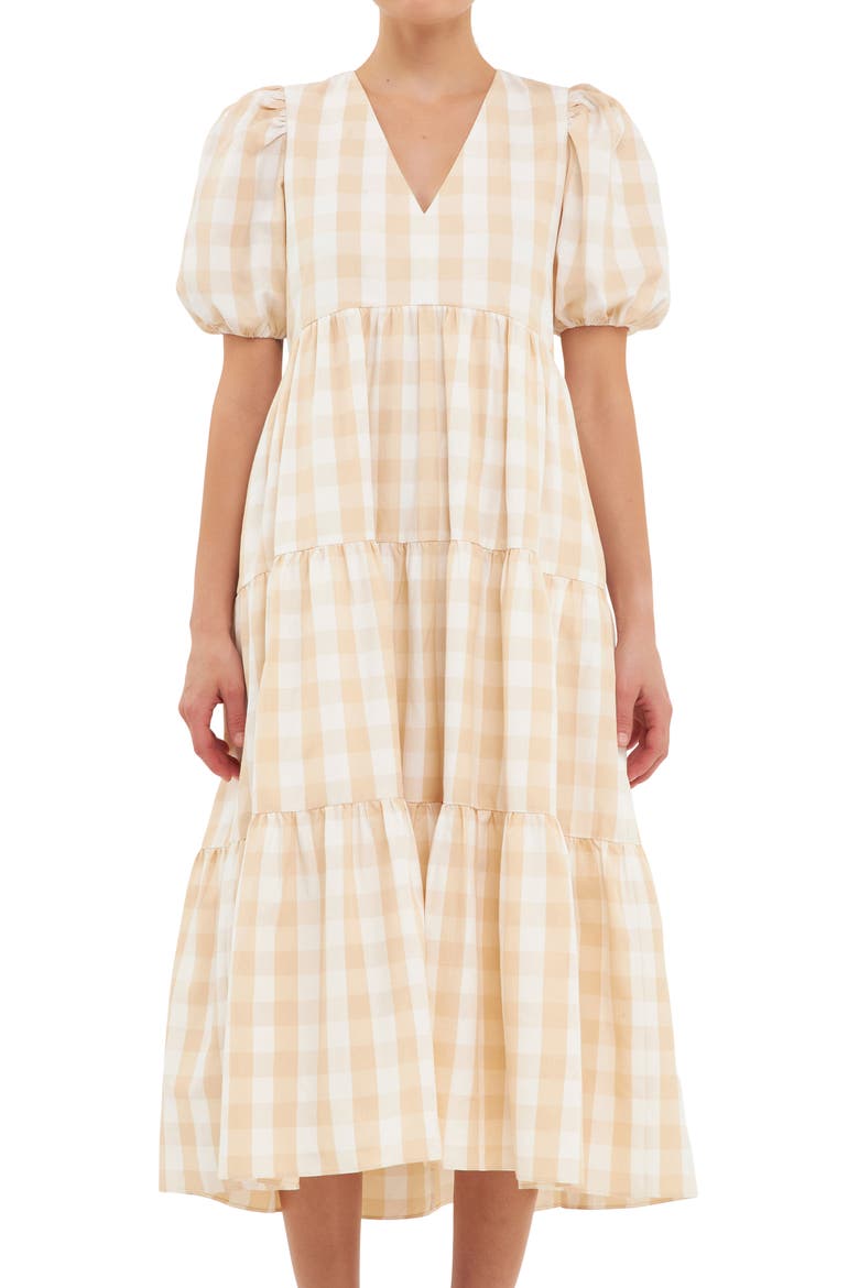 Gingham Tiered Puff Sleeve Dress, Alternate, color, TAUPE