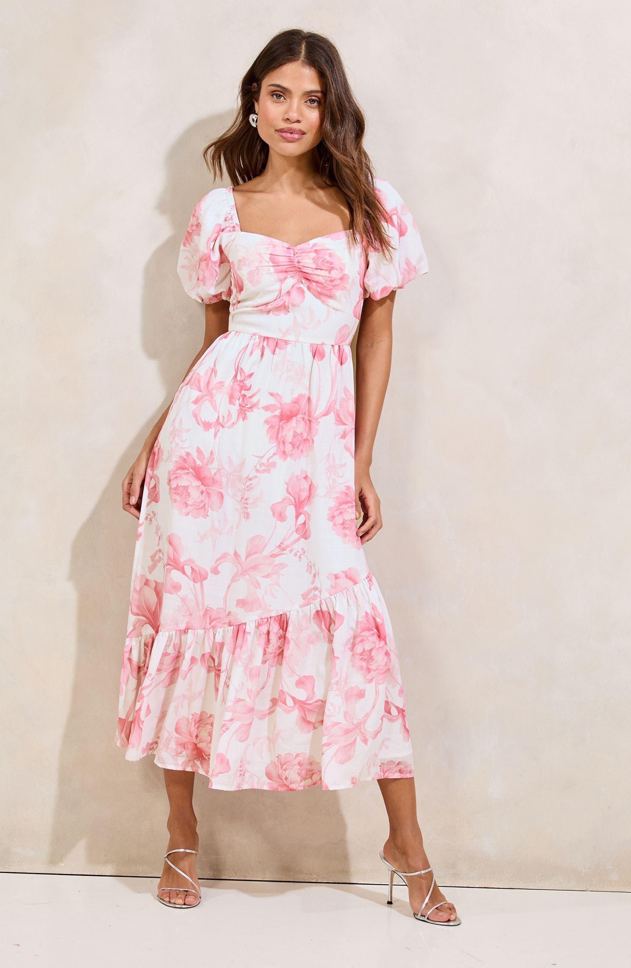 pink floral puff sleeve midi dress Clothing : Midi Dresses : 'Tallulah' Pink Floral Puff Sleeve Midi Dress