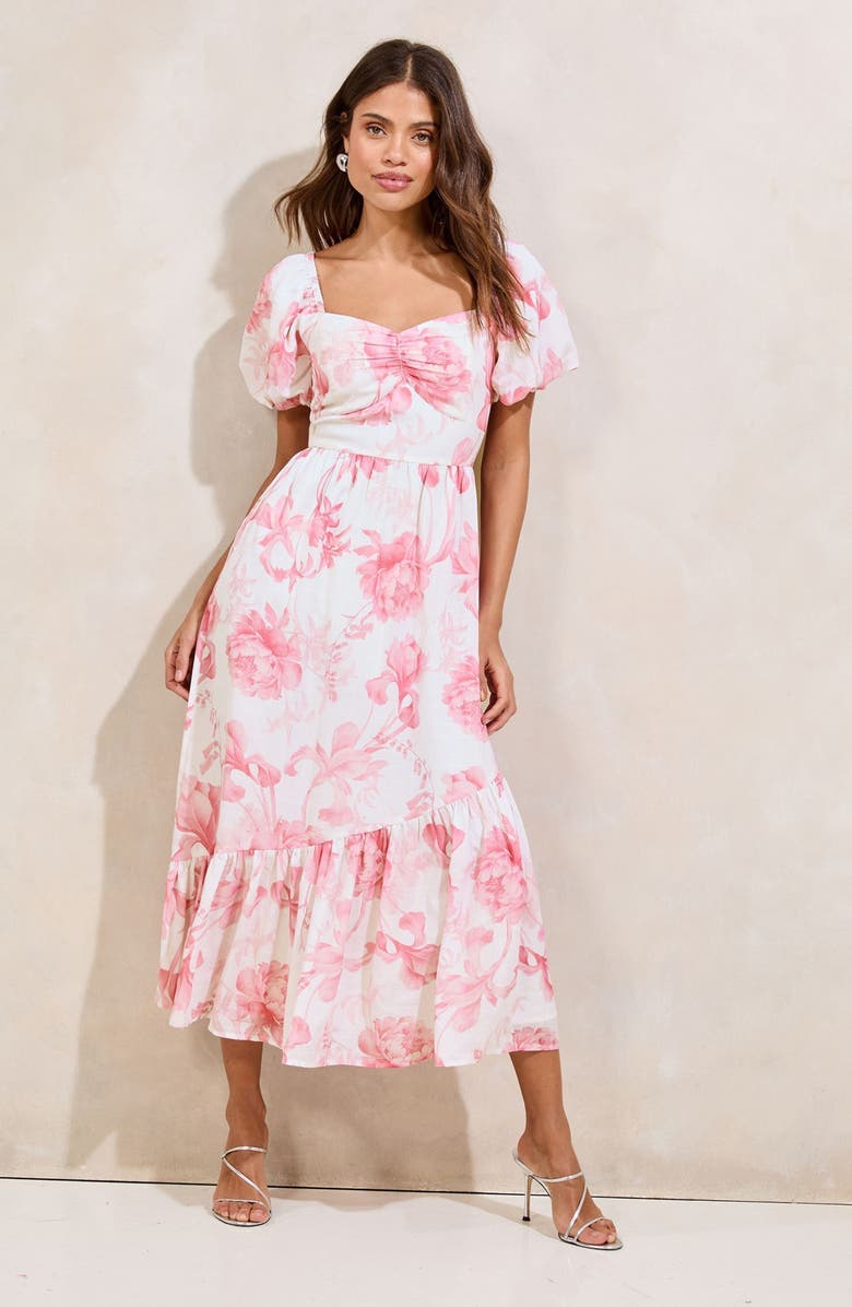 Lipsy Floral Print Puff Sleeve Midi Dress, Alternate, color, Pink