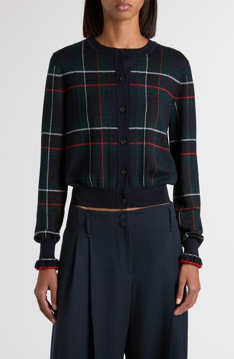 McQueen Check Wool Cardigan, Main, color, Navy/ Green/ Red