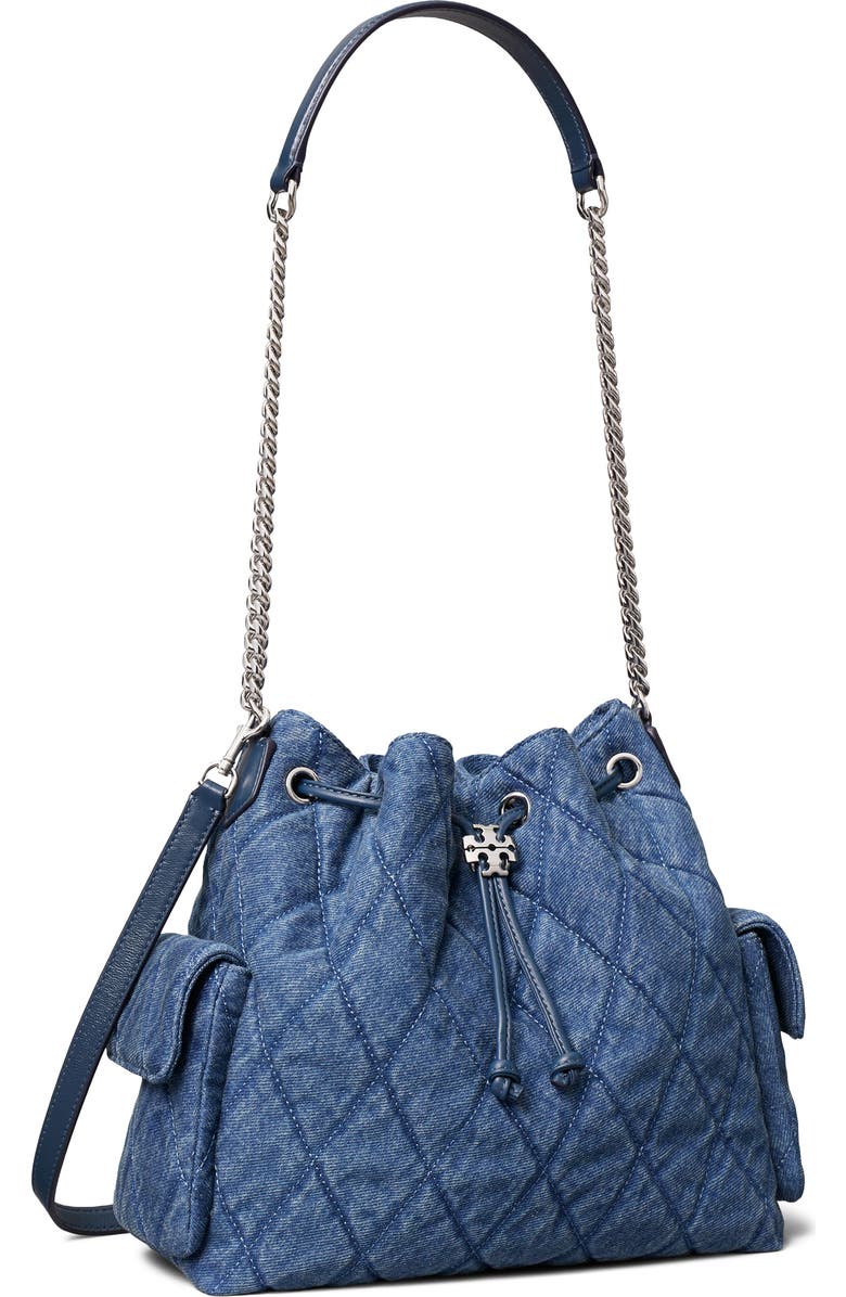 Tory Burch Charlie Quilted Denim Drawstring Shoulder Bag, Alternate, color, Blue