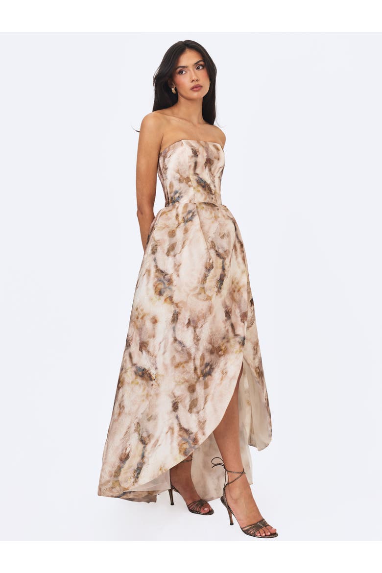 Micaela Watercolor Jacquard Chiffon Dipped Hem Gown, Alternate, color, Camel