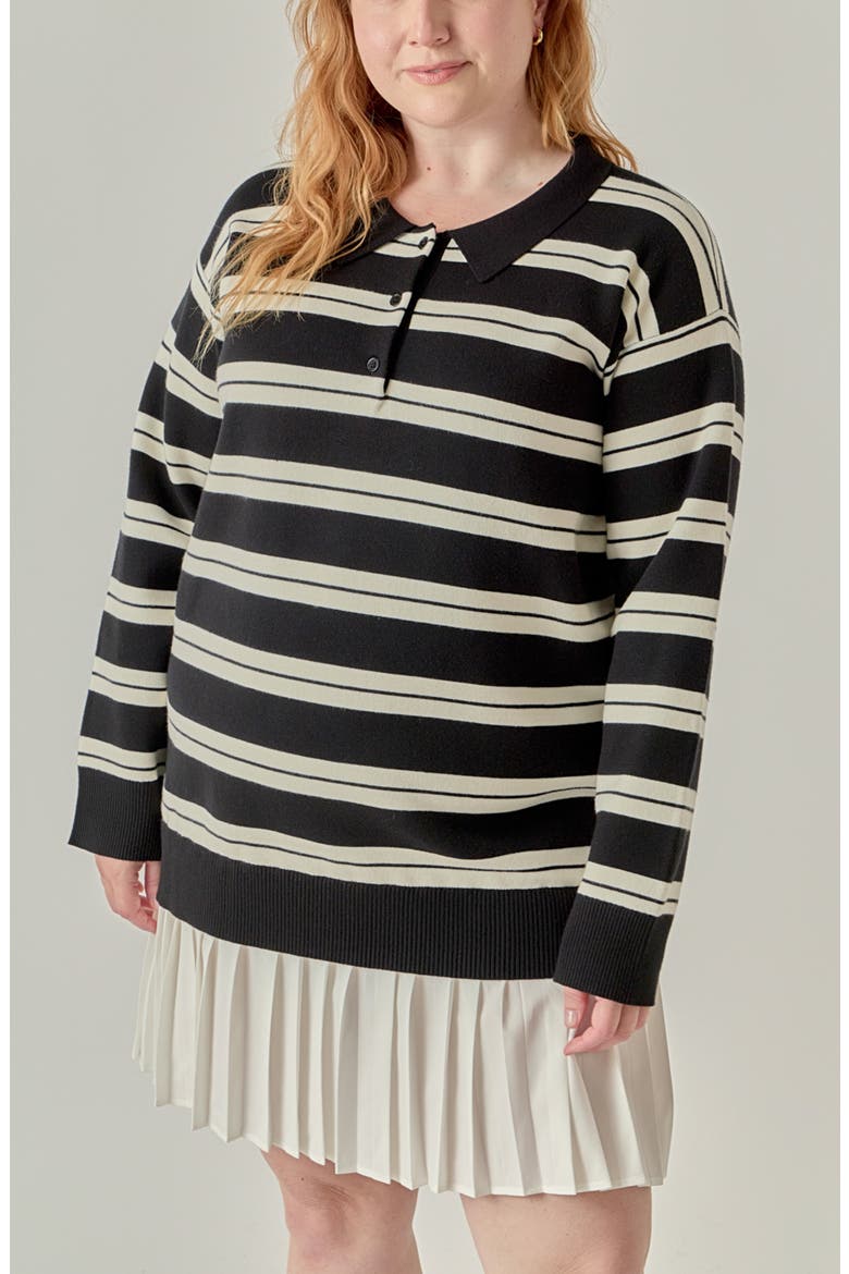 Long Sleeve Mixed Media Polo Minidress, Alternate, color, BLACK/ CREAM