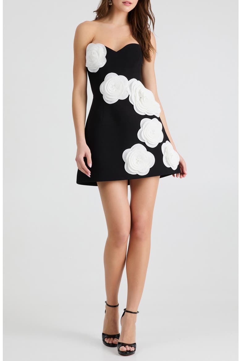 Gia Floral Appliqué Strapless Minidress, Main, color, BLACK/ OFF WHITE