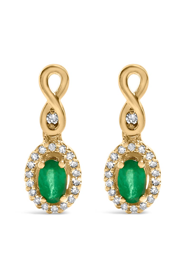10K Yellow Gold Oval Green Emerald 5x3 mm and 1/7 Ct Diamond Dangle Earrings, Main, color, Yellow