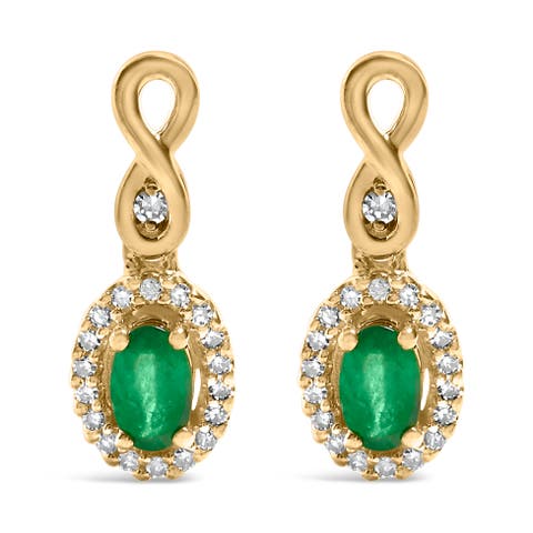 10K Yellow Gold Oval Green Emerald 5x3 mm and 1/7 Ct Diamond Dangle Earrings