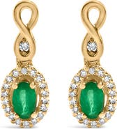 Haus of Brilliance 10K Yellow Gold Oval Green Emerald 5x3 mm and 1/7 Ct Diamond Dangle Earrings