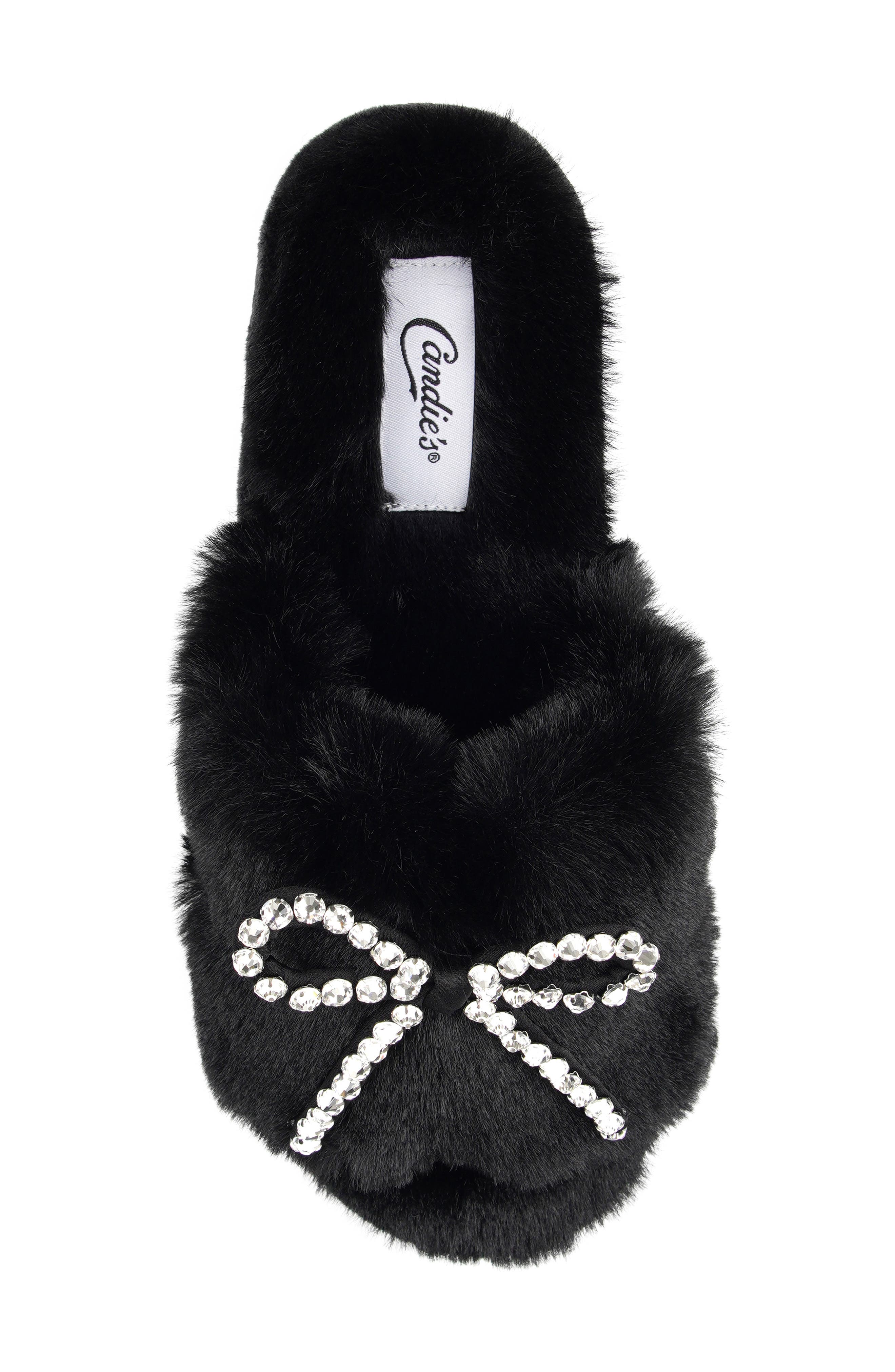 Candie's Franney Bow Embellished Faux Fur Slipper, Alternate, color, Black