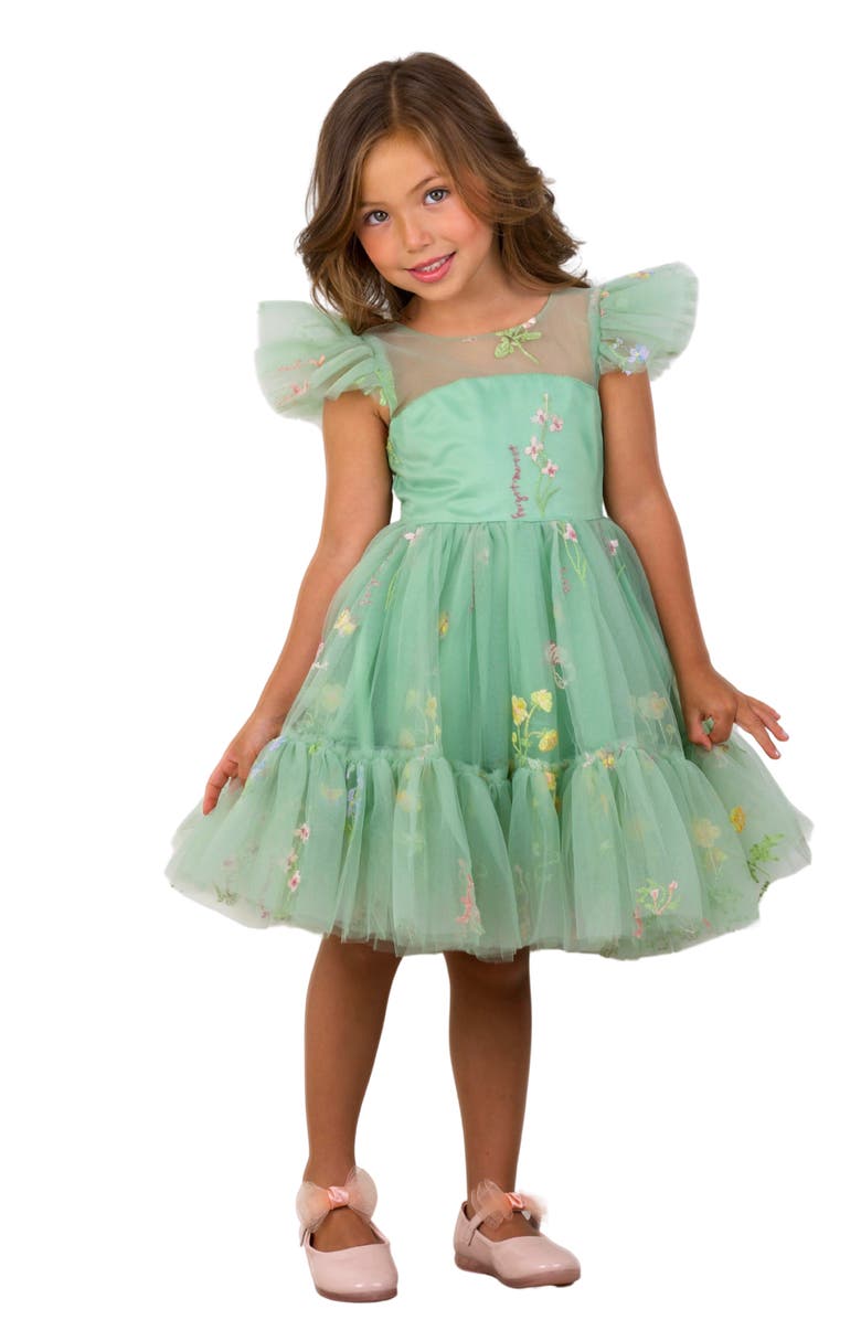Mia Belle Girls Girls Emerald Fairy Garden Embroidered Floral Tutu Dress, Main, color, 