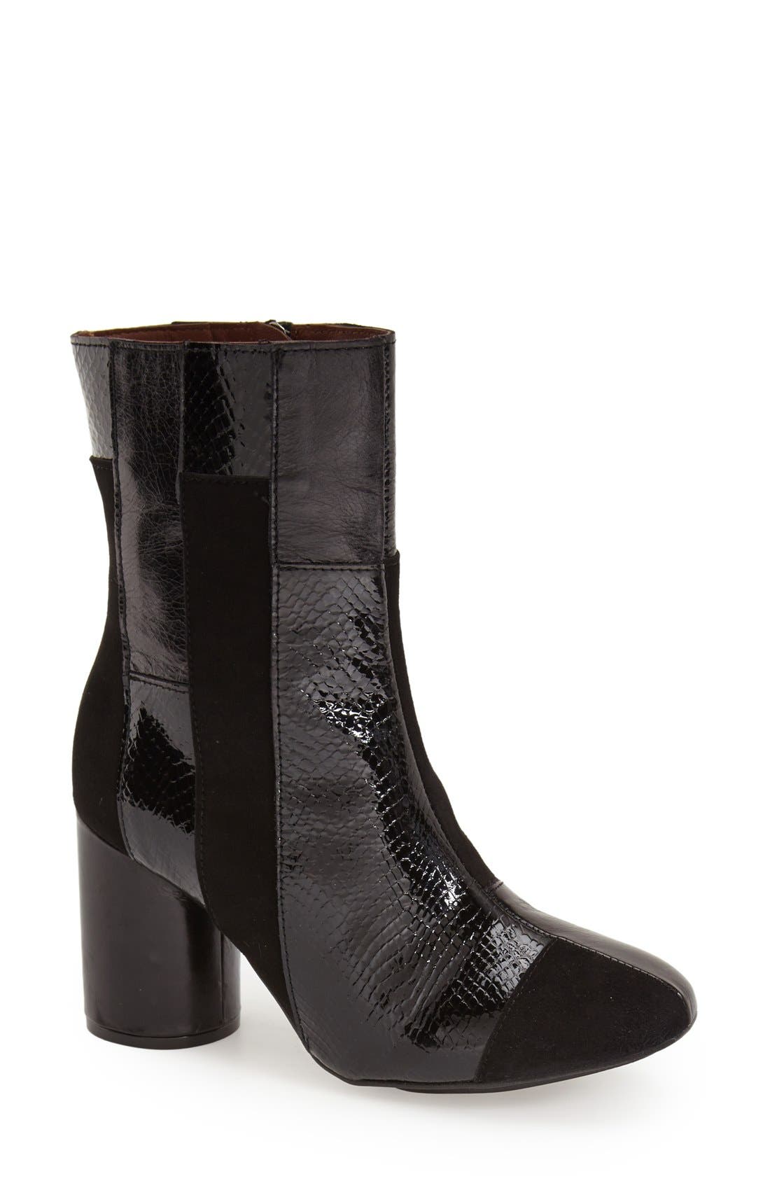 'Powerful' Patchwork Ankle Boot, Main, color, BLACK