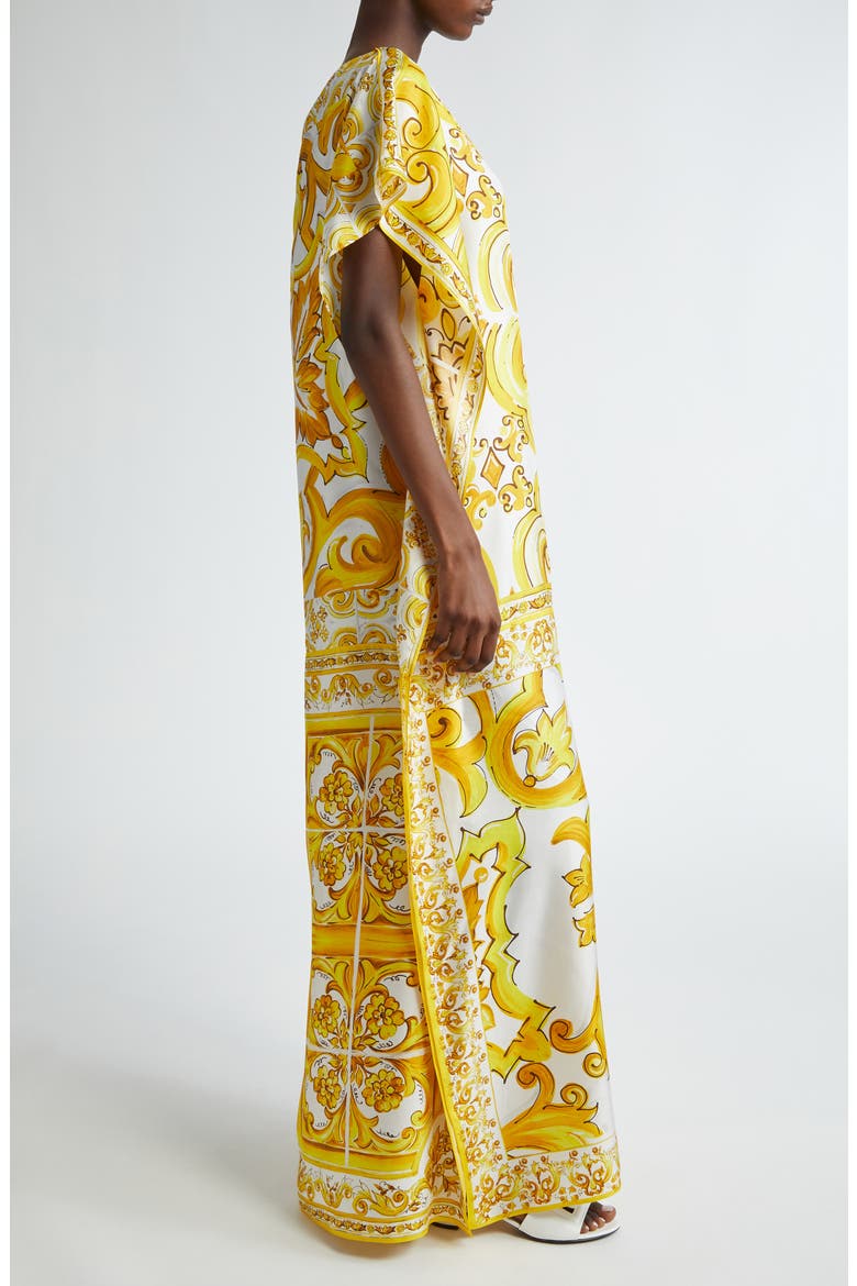 Majolica Print Silk Charmeuse Caftan Dress, Alternate, color, MIX MAIOLICA GIALLO