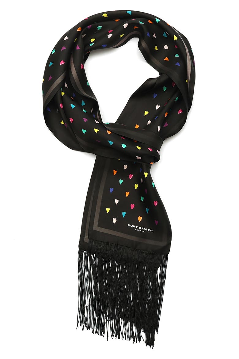 Rainbow Heart Print Party Fringe Silk Scarf, Alternate, color, CLASSIC RAINBOW