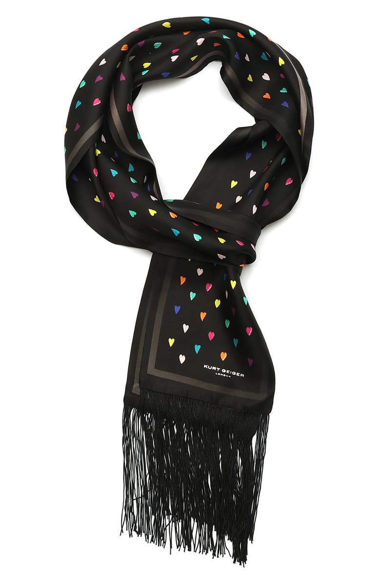 Kurt Geiger London Rainbow Heart Print Party Fringe Silk Scarf, Alternate, color, Classic Rainbow
