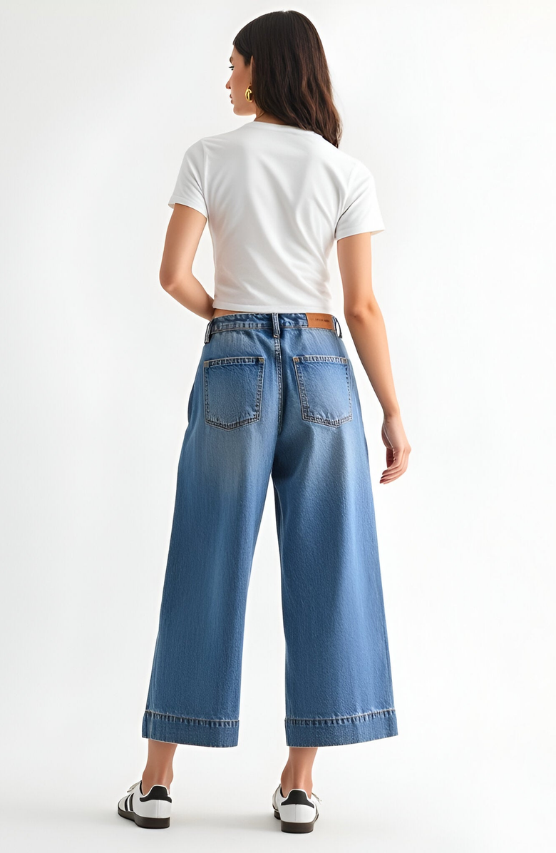 Modenaire Wide Leg Cropped Denim Pants with High Waist and Cuffed Hem, Alternate, color,