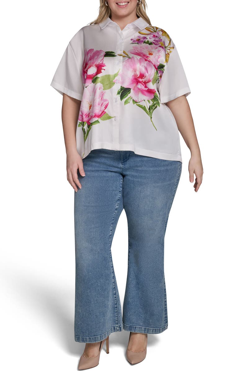 KARL LAGERFELD PARIS Floral Placement Print Button-Up Shirt, Alternate, color, Soft White Multi