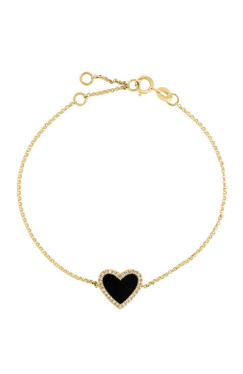 14K Yellow Gold Onyx Diamond Halo Heart Bracelet