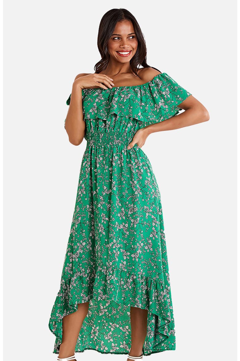 Floral Bardot Ruffled Hem Midi Dress, Alternate, color, Green