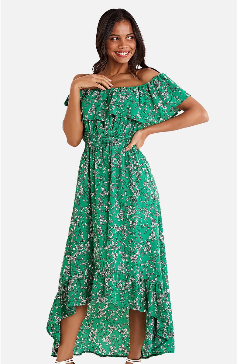 Yumi Floral Bardot Ruffled Hem Midi Dress, Alternate, color, Green