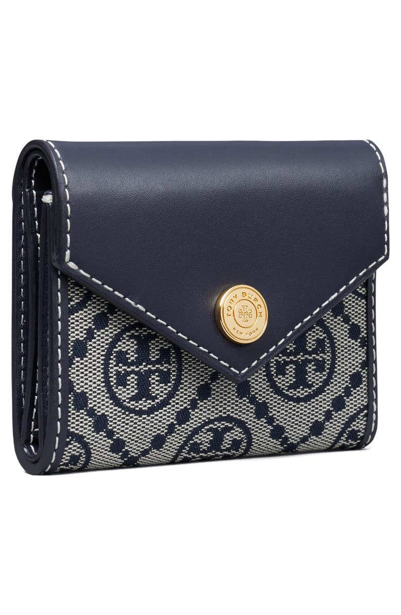 Tory Burch Small T Monogram Jacquard & Leather Trifold Envelope Wallet, Alternate, color, Tory Navy