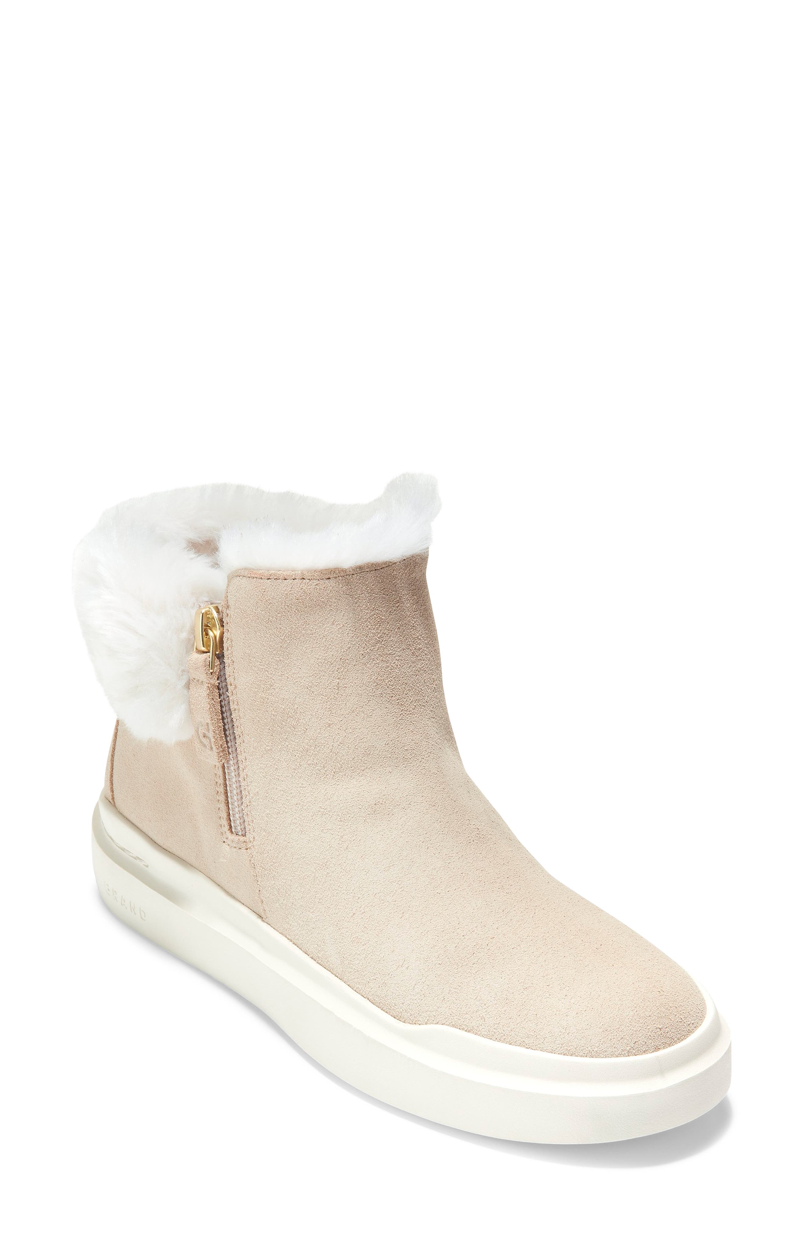 Grandpro Rally Faux Fur Trim Bootie, Main, color, BEIGE SUEDE/ FAUX SHEARLING WP