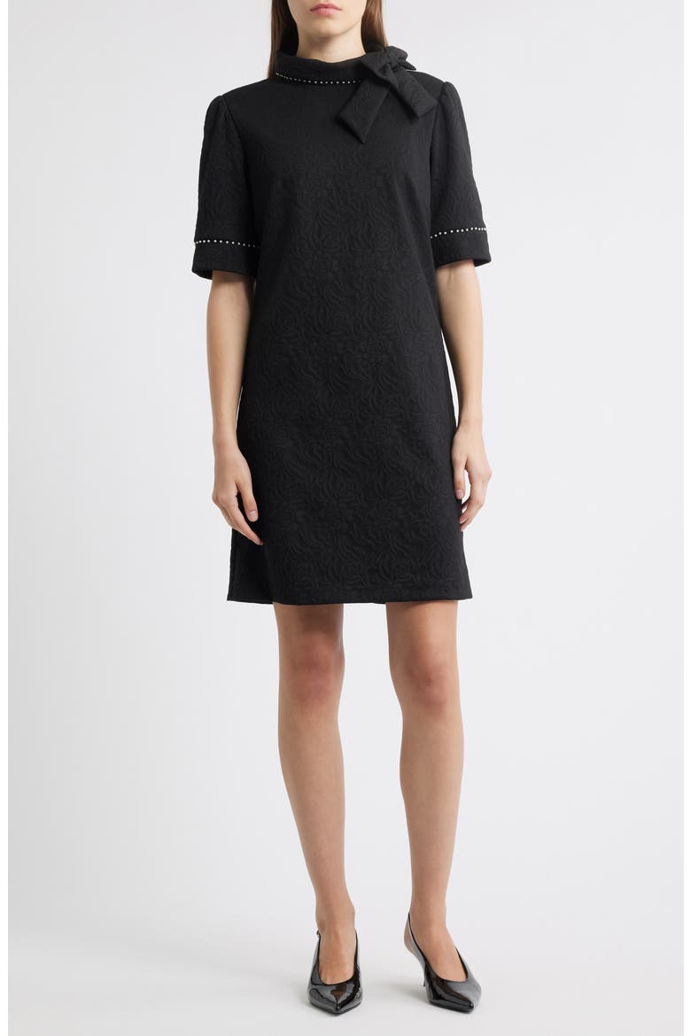 Bow Neck Faux Pearl Trim Sheath Dress, Main, color, BLACK